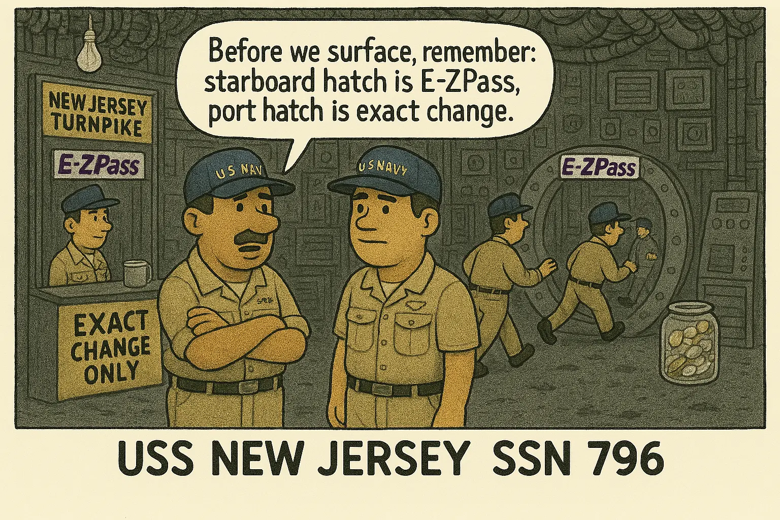 USS NEW JERSEY toll booth humor graphic - because of course New Jersey has a toll booth